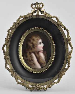 Appraisal: Framed Miniature Portrait on Porcelain The convex porcelain plaque depicting