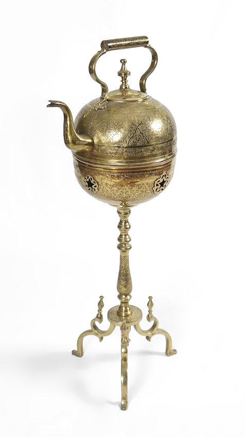 Appraisal: PERSIAN ENGRAVED BRASS TEA KETTLE ON STAND Large brass tea