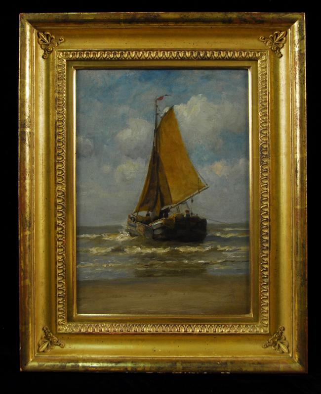 Appraisal: AMERICAN SCHOOL th century SAILBOAT MOORED JUST OFF SHORE oil