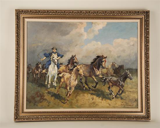 Appraisal: Istvan Benyovszky - Hungary Czikos Herding Horses an oil on