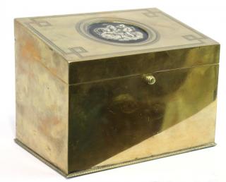 Appraisal: Stamped Brass Casket The slanted and tooled lid set with