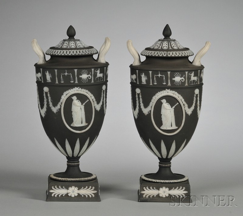 Appraisal: Pair of Wedgwood Solid Black Jasper Vases and Covers England