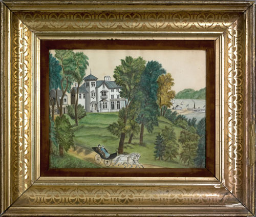 Appraisal: American watercolor landscape ca depicting a husband and wife leaving