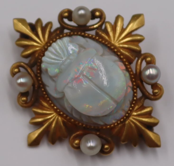 Appraisal: JEWELRY SIGNED KT GOLD OPAL AND PEARL BROOCH Signed kt