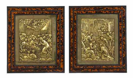 Appraisal: A Pair of Gilt Metal Relief Plaques each depicting scenes