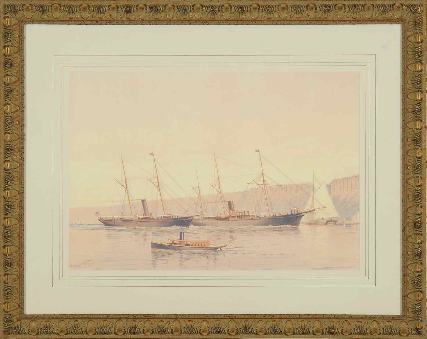 Appraisal: FRAMED REPRODUCTION FREDERIC COZZENS LITHOGRAPHAmerican steam sail yachts x ''