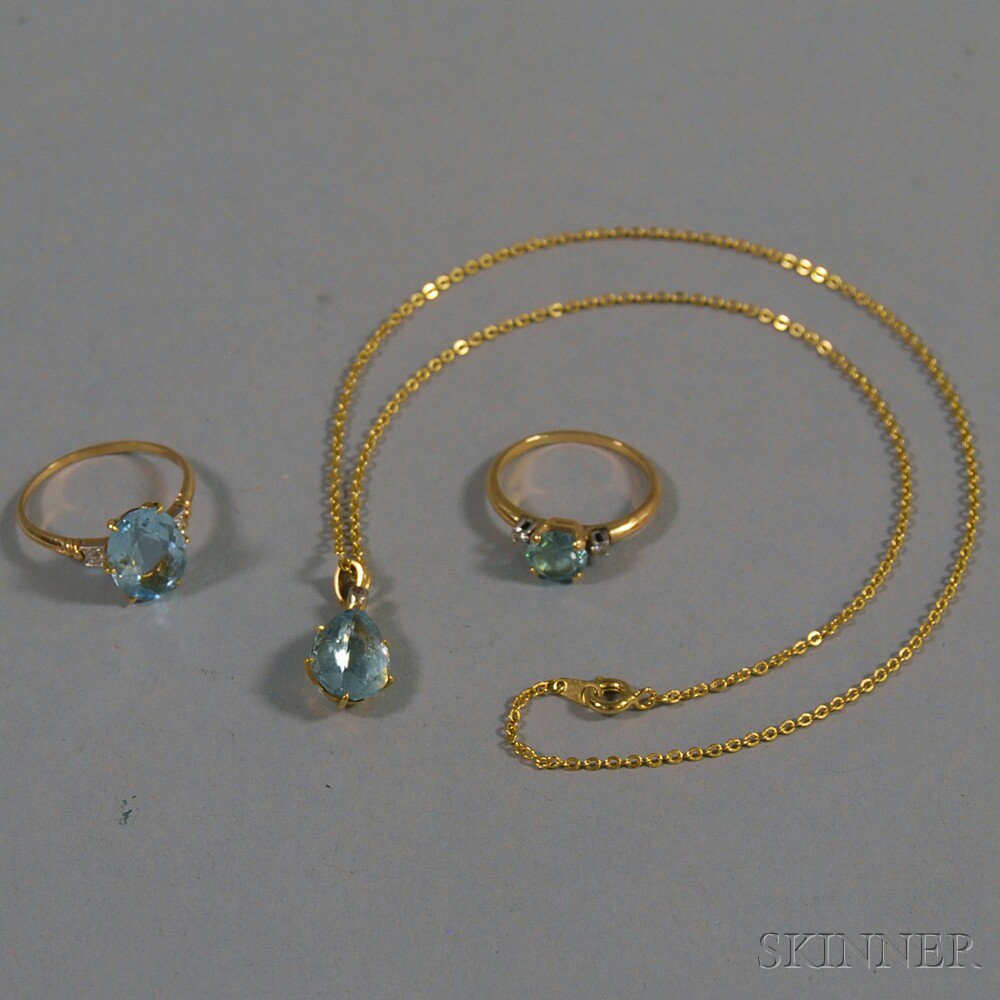 Appraisal: Three Pieces of Aquamarine and Diamond Jewelry two kt gold