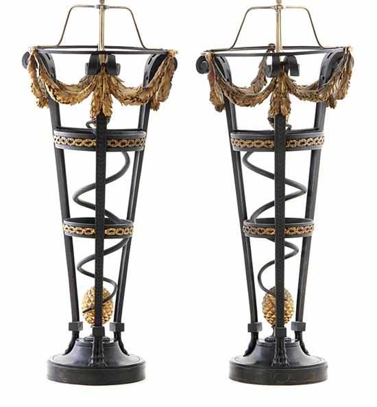 Appraisal: Pair unusual French parcel-gilt bronze stands converted to lamps late