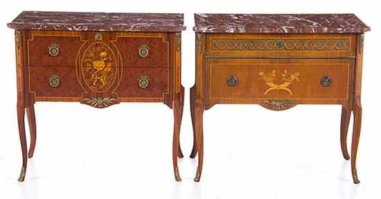 Appraisal: Louis XV style kingwood marbletop stands rectangular shaped fleur d'pecher