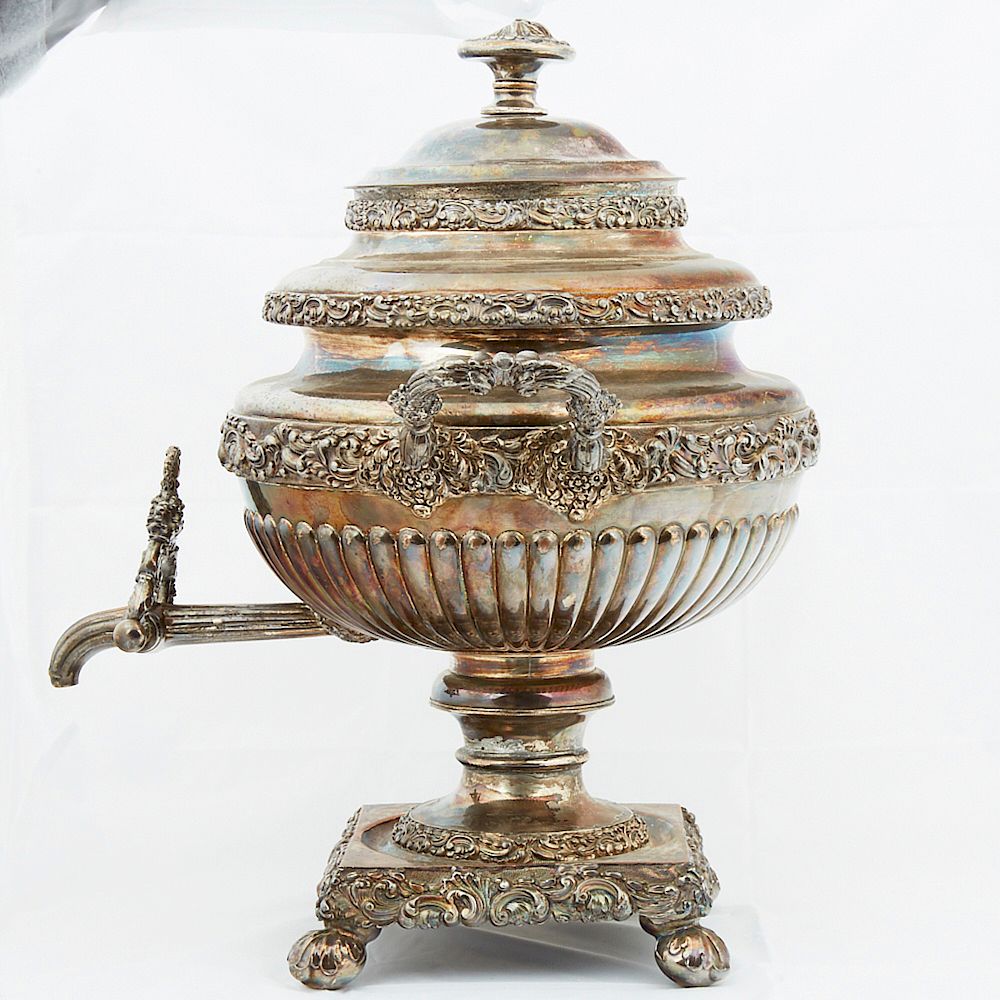 Appraisal: Sheffield Silver Plate Samovar Sheffield silver plate samovar Delicate scrolling