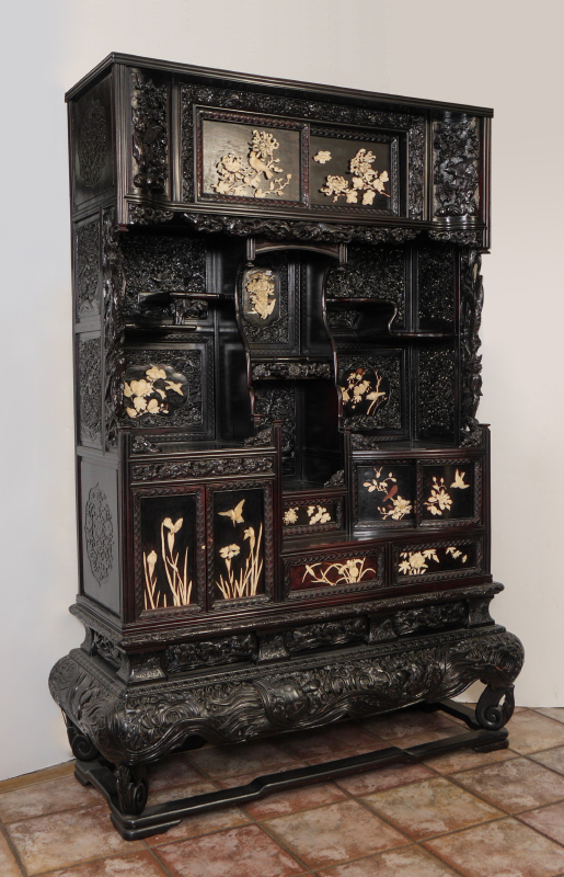 Appraisal: PROFUSELY CARVED CHINESE ETAGERE DISPLAY CABINET Spectacular display cabinet carved