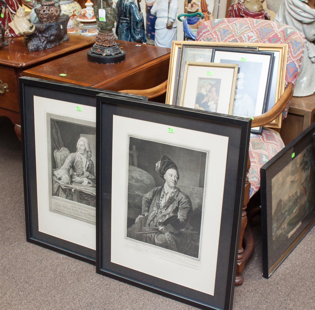 Appraisal: Assortment of items including two framed prints upholstered armchair and