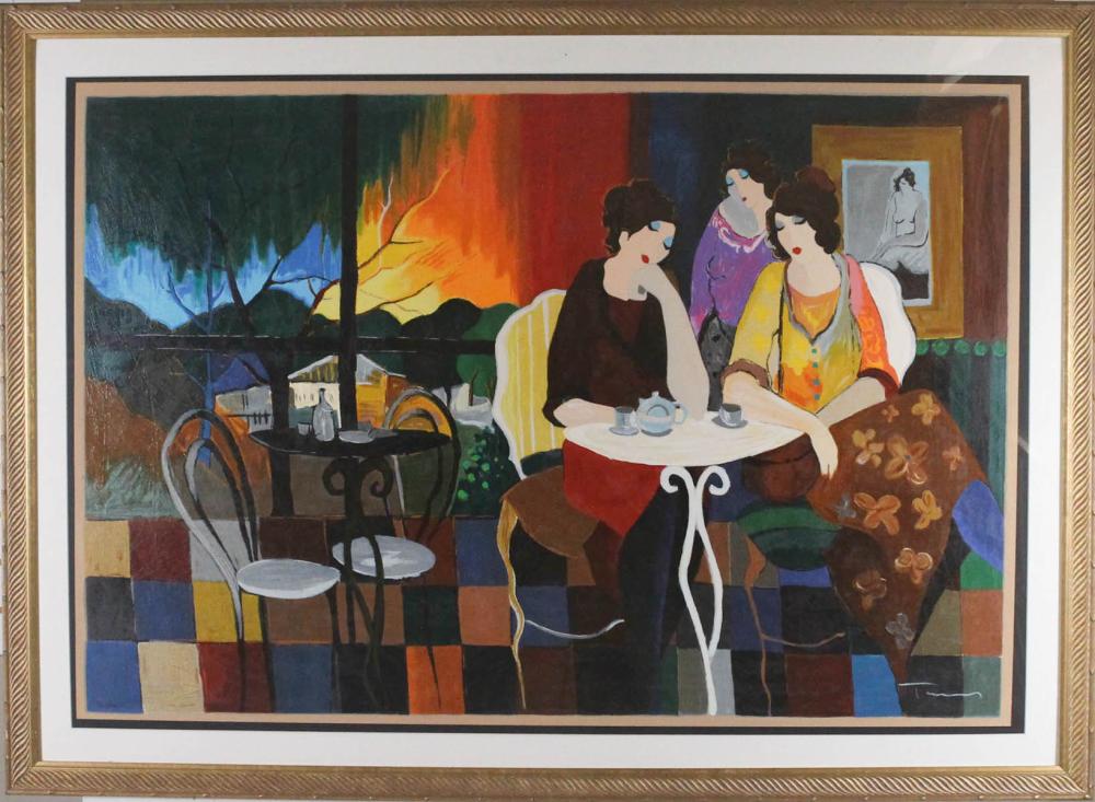 Appraisal: ITZCHAK TARKAY Servia Israel - serigraph women having tea with