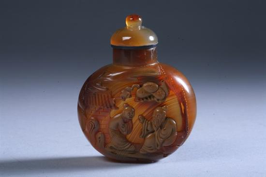 Appraisal: CHINESE BANDED AGATE SNUFF BOTTLE Of flattened ovoid-form carved to