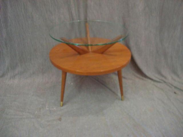 Appraisal: Round Midcentury Wood and Glass Tiered Center Table From a