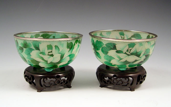 Appraisal: PAIR CHINESE PLIQUE A JOUR CLOISONNE BOWLS Green ground floral