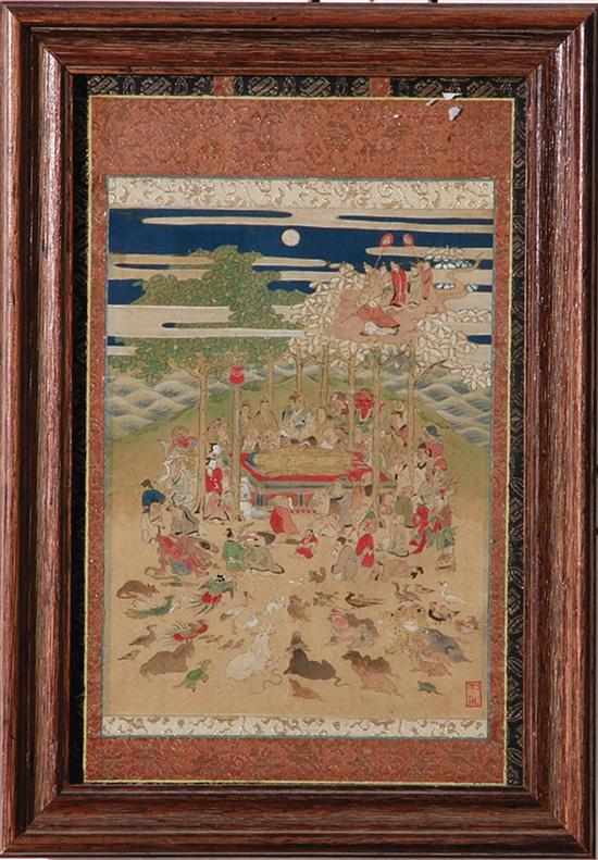 Appraisal: Japanese painted silk burial panel Meiji period unusual funeral scene