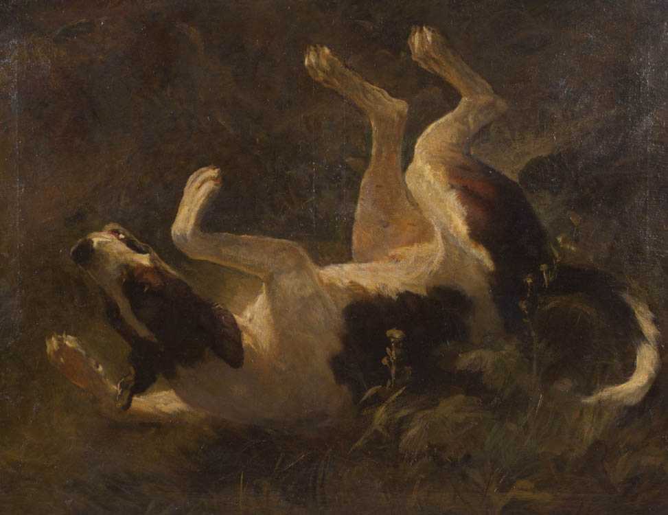 Appraisal: BRITISH SCHOOL OIL ON CANVAS dog rolling on its back