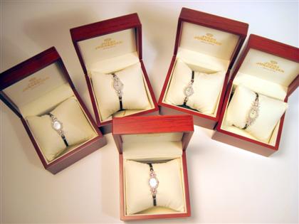 Appraisal: Group of six Jules Jurgensen lady's K diamond mounted wristwatchesAll