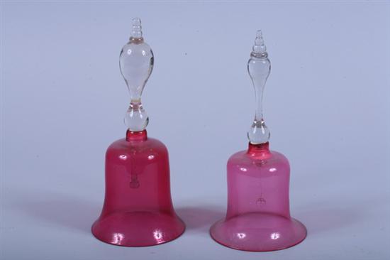 Appraisal: TWO CRANBERRY GLASS BELLS WITH COLORLESS GLASS HANDLES th century