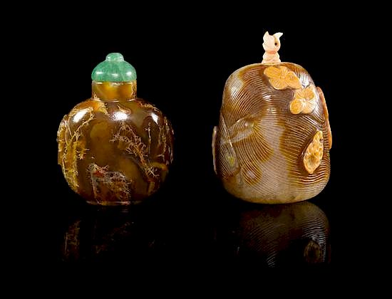 Appraisal: Two Agate Snuff Bottles Height of taller inches Two Agate