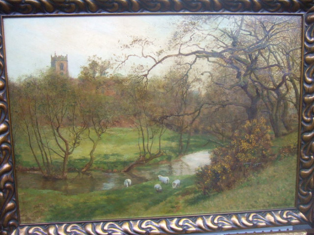 Appraisal: George Moore Henton - Sheep grazing by a river oil