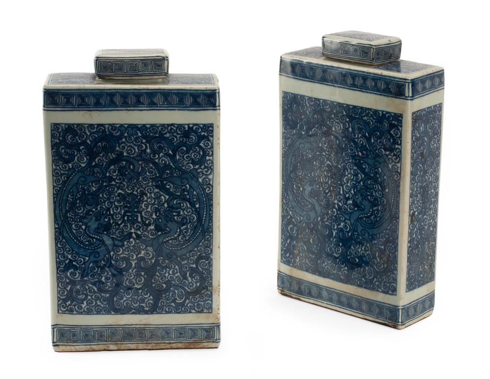 Appraisal: Pair of Chinese Blue and White Porcelain Rectangular Tea Jars