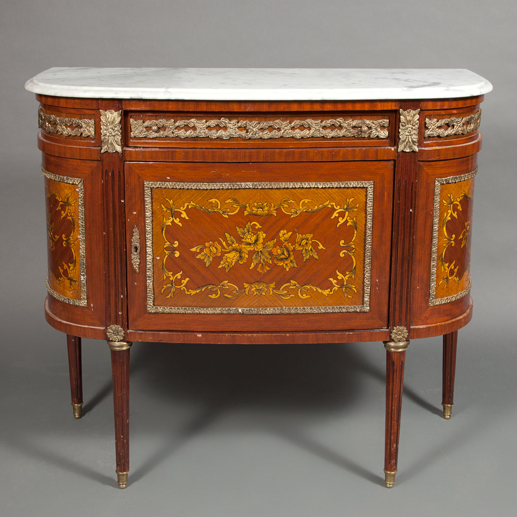 Appraisal: Louis XVI Style Gilt-Metal Mounted Marquetry Inlaid Satinwood and Mahogany