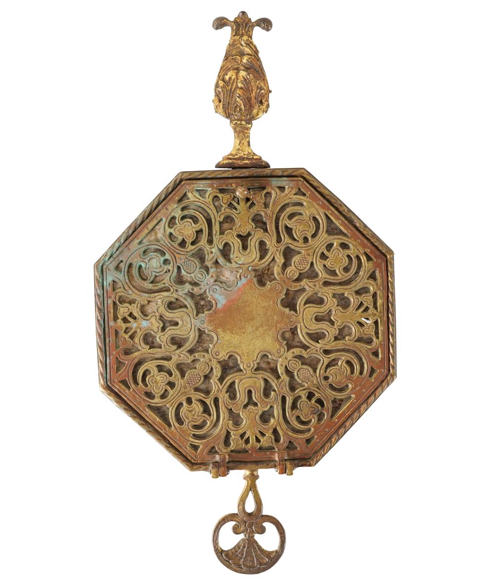 Appraisal: COPPER BRASS WALL SCONCEunmarked the pierced mica-backed hinged cover enclosing