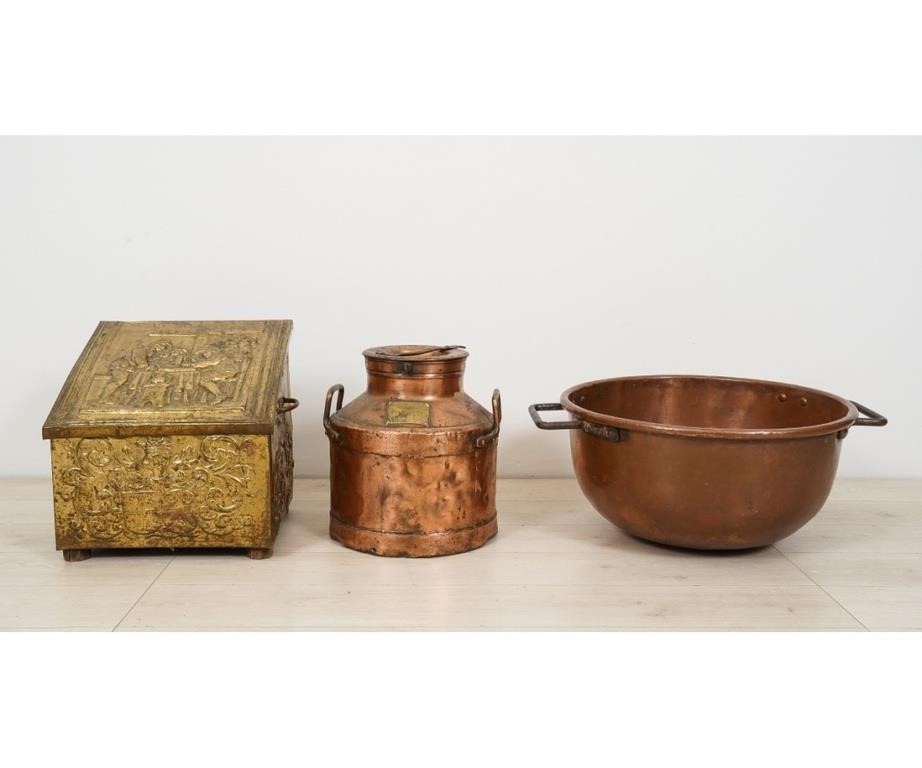 Appraisal: Large copper candy kettle a Spanish cannister and a Continental