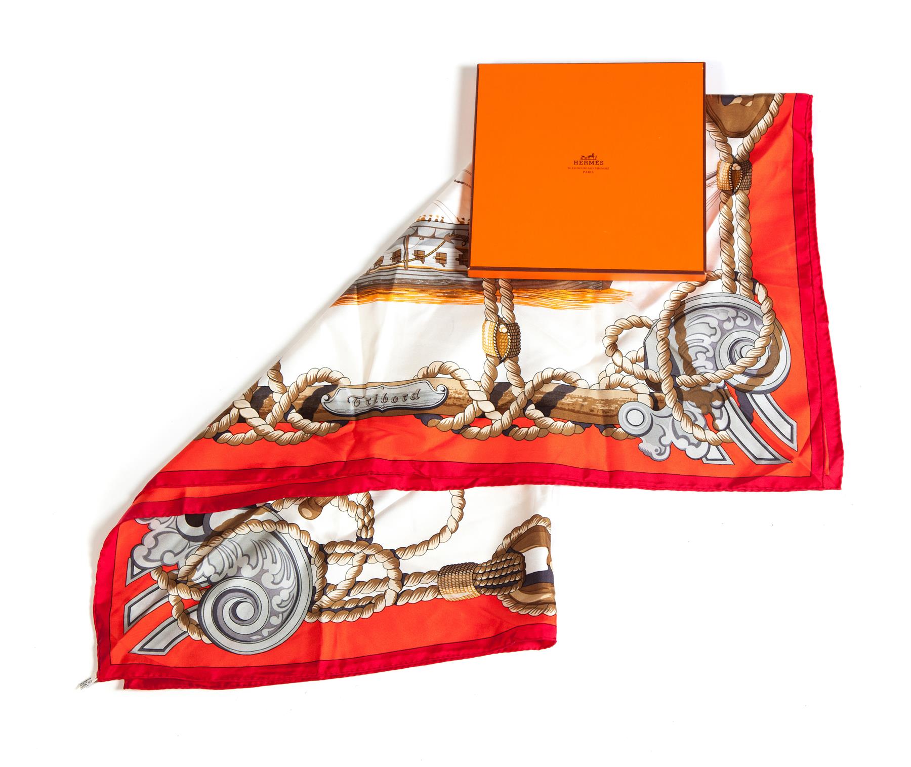 Appraisal: HERMES SCARF France th century Silk with large three-mast sailing