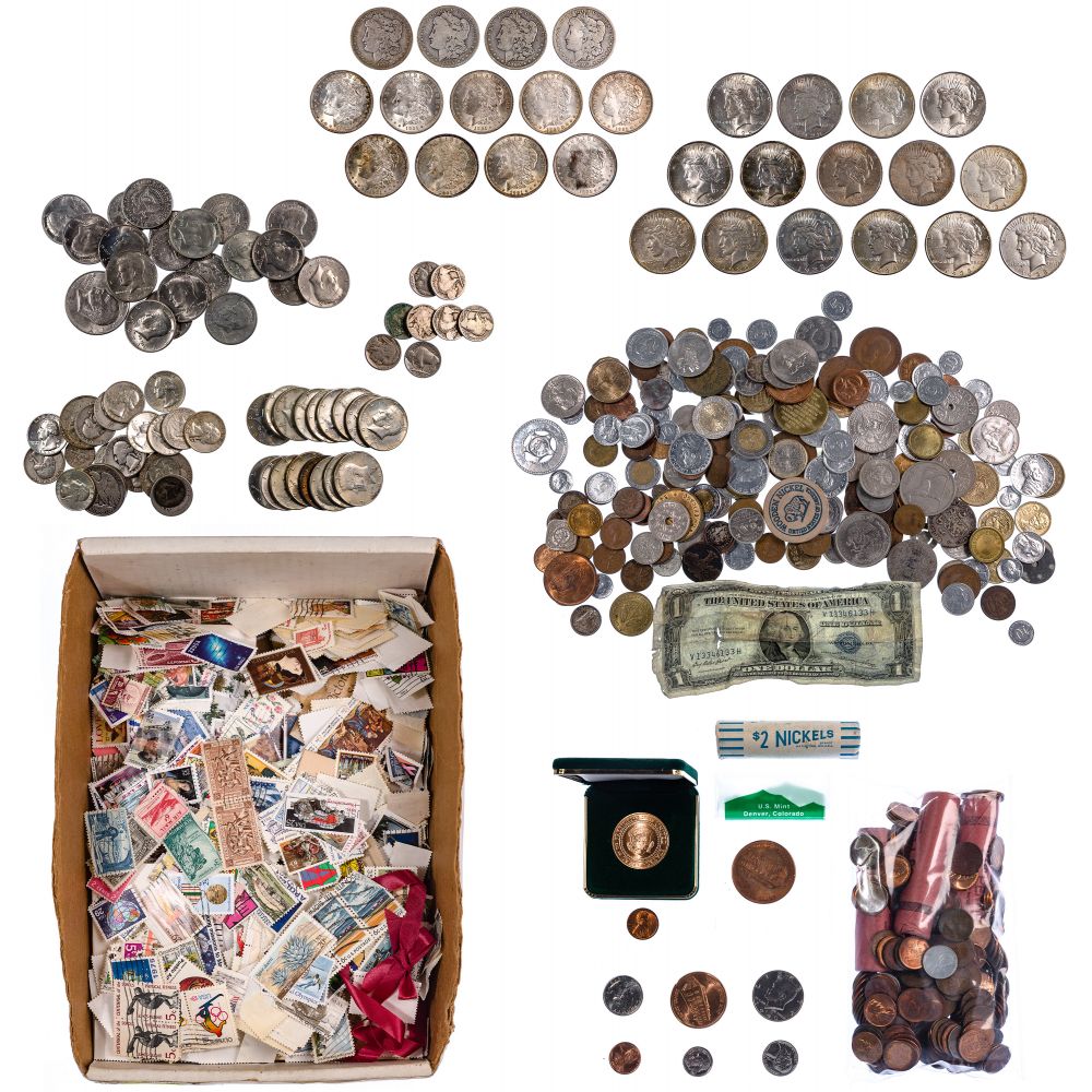 Appraisal: US AND WORLD COIN AND STAMP ASSORTMENT face value US