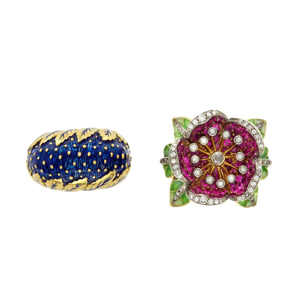 Appraisal: Gold and Blue Enamel Bombe Ring and Diamond Ruby and