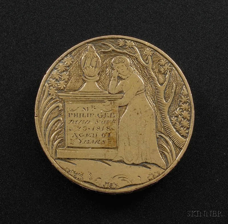 Appraisal: Engraved Memorial Medallion probably New England c round gilt-metal medallion