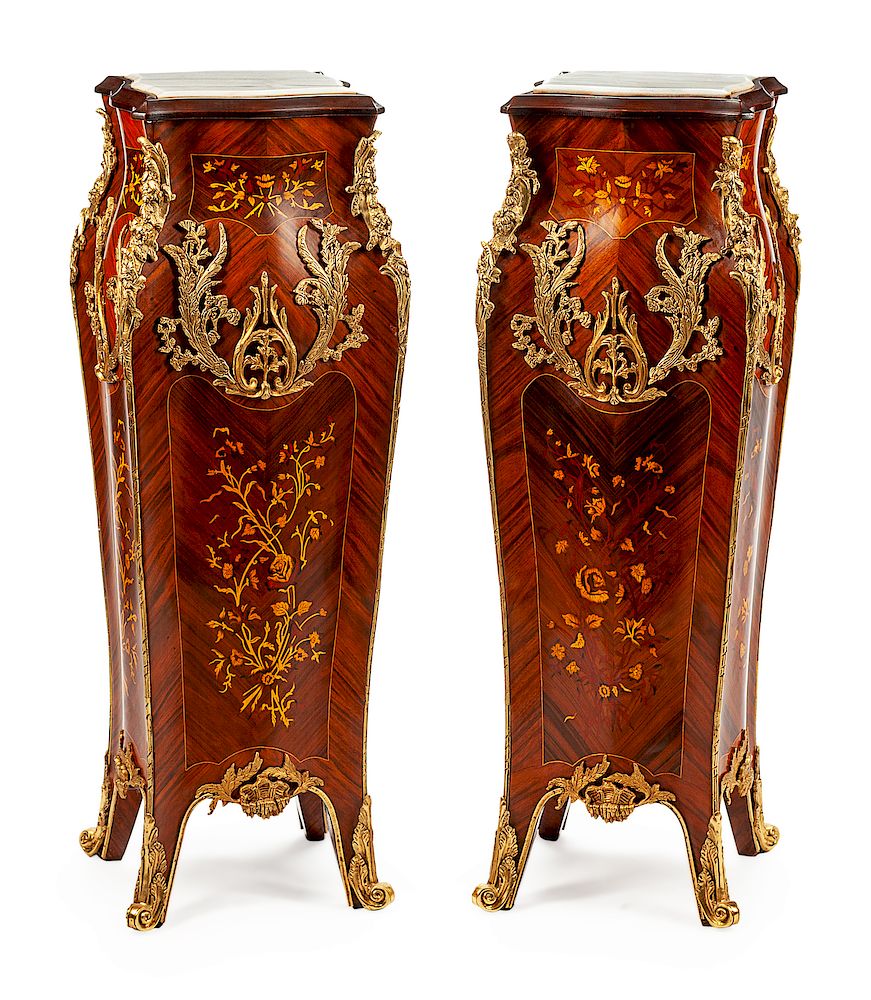 Appraisal: A Pair of Louis XV Style Gilt-Bronze-Mounted Parquetry Pedestals A