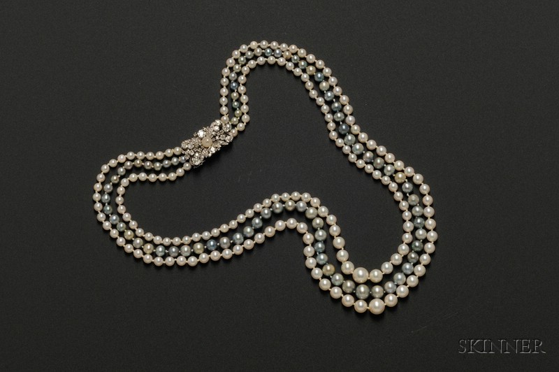 Appraisal: Pearl and Diamond Necklace composed of three strands of graduated