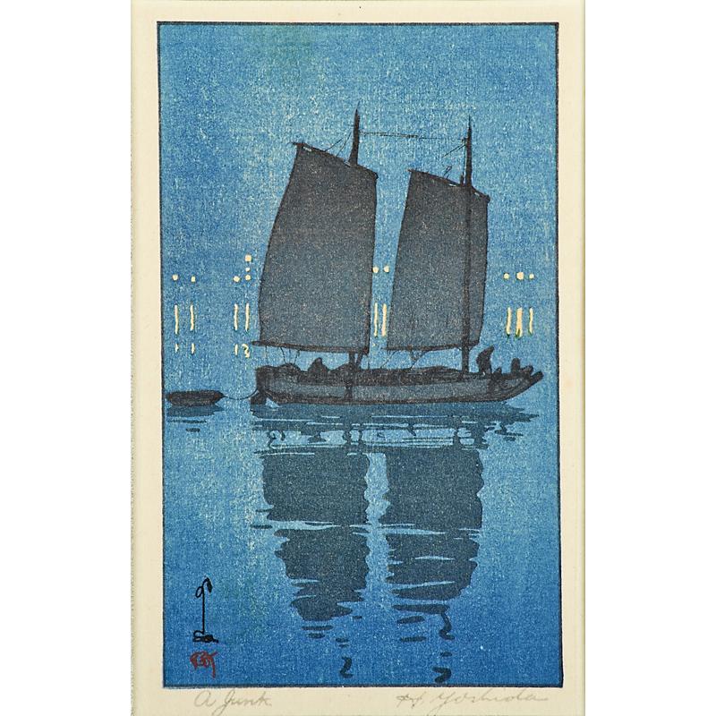 Appraisal: HIROSHI YOSHIDA Japanese - Three woodblock prints A Junk Nigatsudo