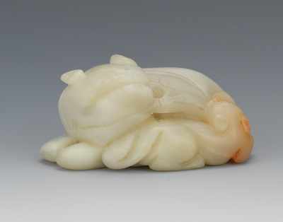 Appraisal: A Carved Jade Lion and Cub Ornament Very pale grayish