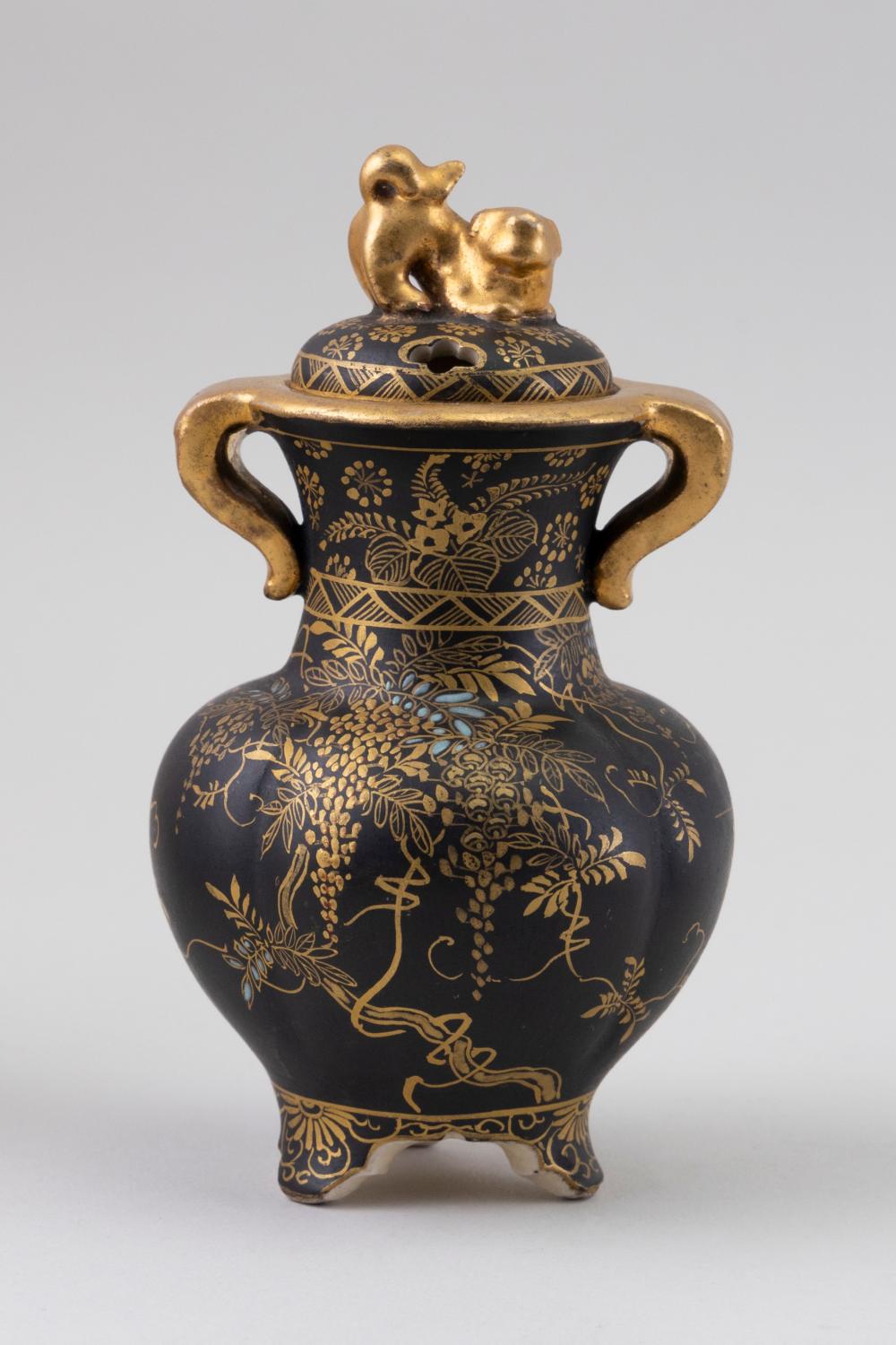 Appraisal: JAPANESE BLACK AND GILT SATSUMA PORCELAIN COVERED VASE LATE MEIJI