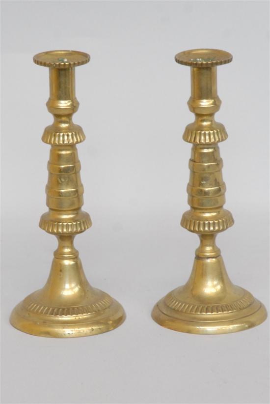 Appraisal: PAIR ANTIQUE BRASS CANDLESTICKS H One drip pan bent