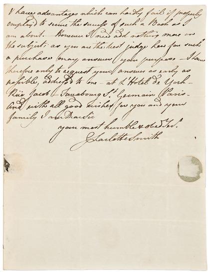 Appraisal: SMITH Charlotte - Autograph letter signed in full to her