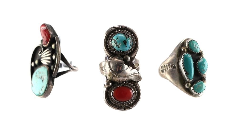 Appraisal: NATIVE AMERICAN STERLING TURQUOISE CORAL RINGS Native American sterling silver