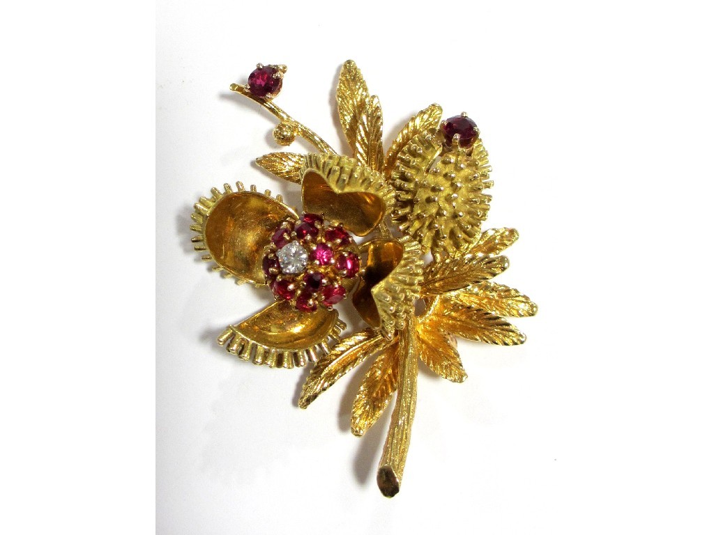 Appraisal: A Continental ct gold ruby and diamond set floriate brooch