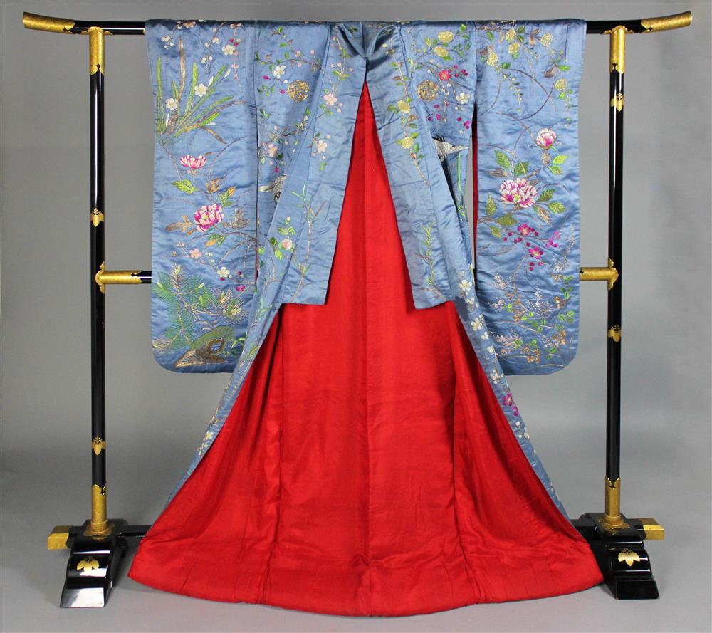 Appraisal: JAPANESE SILK AND COUCHED GOLD THREAD EMBROIDERED SILK SATIN UCHIKAKE