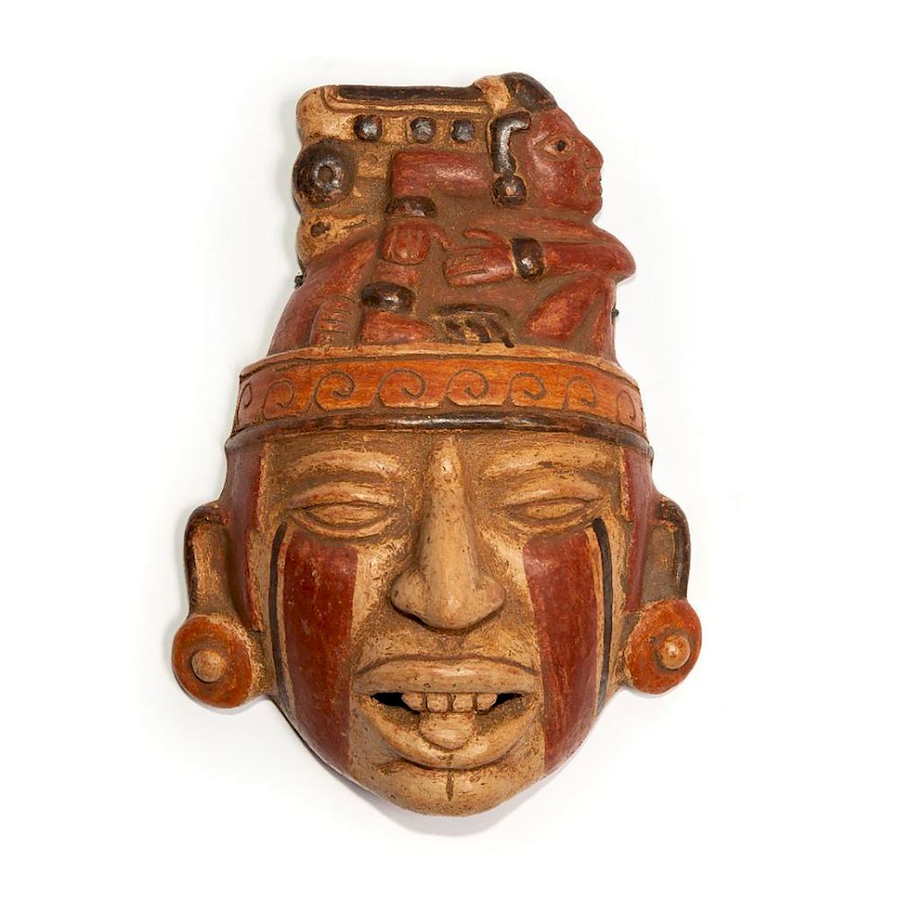 Appraisal: MESOAMERICAN ALLEGORICAL GROTESQUE TRIBAL WALL MASK Hand made glazed ceramic