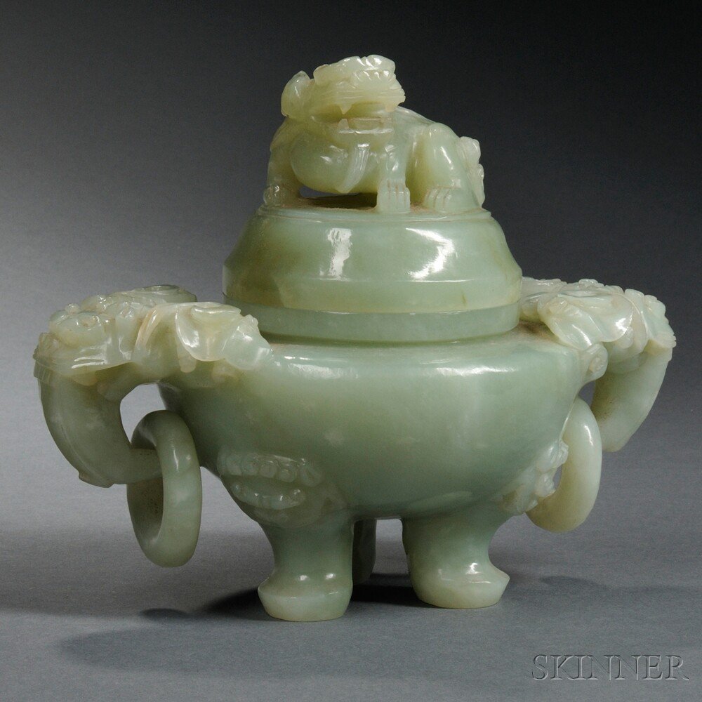 Appraisal: Green Stone Tripod Censer with Glass Cover China the ovoid