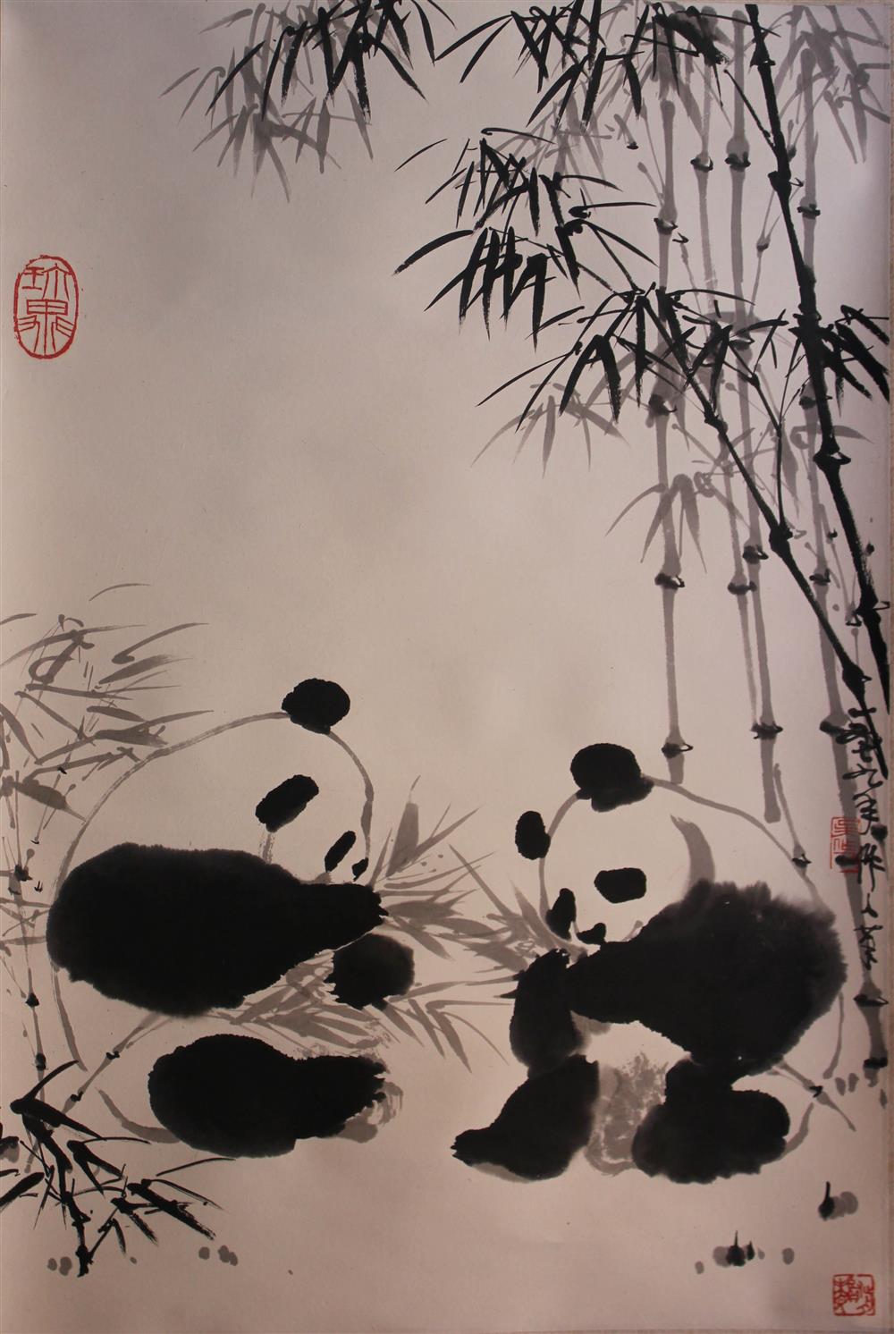 Appraisal: WU ZUOREN CHINESE - PANDAS AND BAMBOO Ink on paper