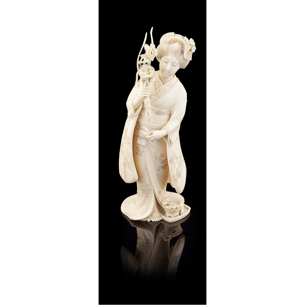 Appraisal: YJAPANESE CARVED IVORY OKIMONO OF A BIJIN SIGNED SANGA MEIJI