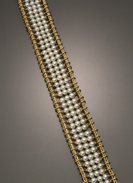 Appraisal: Tested -Karat Yellow-Gold and Cultured Pearl Bracelet Having three strands