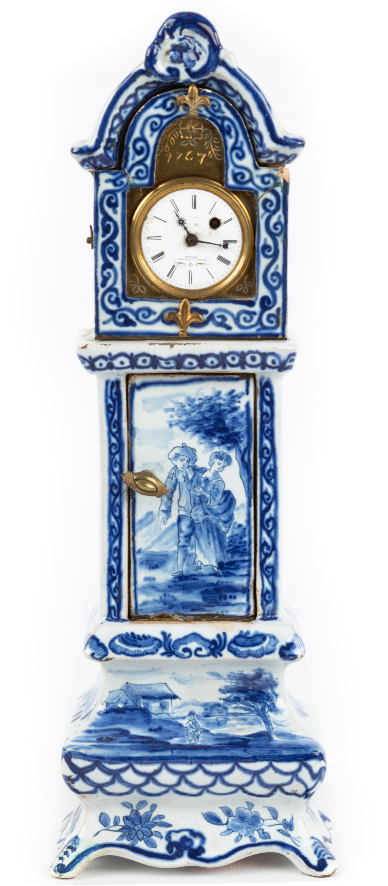 Appraisal: DELFT POTTERY MINIATURE TALLCASE CLOCK Fusee movement signed Mousse A